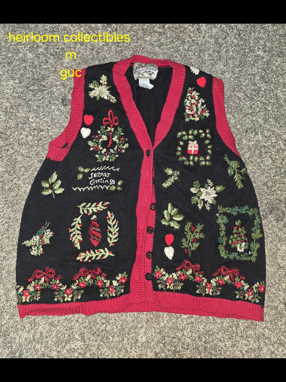 Vintage Heirloom Collectibles Christmas Sweater Vest Size M Black Red